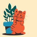 Playing kitten on the background of a houseplant in a pot.